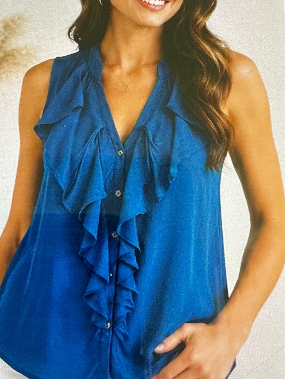 KAREN KANE TEAL RUFFLE SLEEVELESS BUTTON FRONT BLOUSE SIZE M MADE IN USA